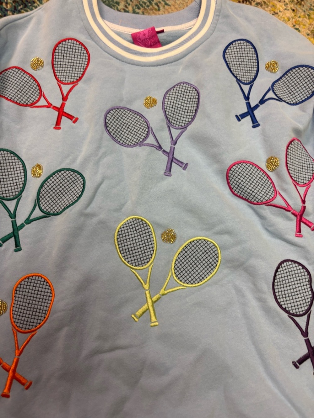 Light Blue Tennis Racket Embroidered Sweatshirt Oversized Preppy - Picture 2 of 4